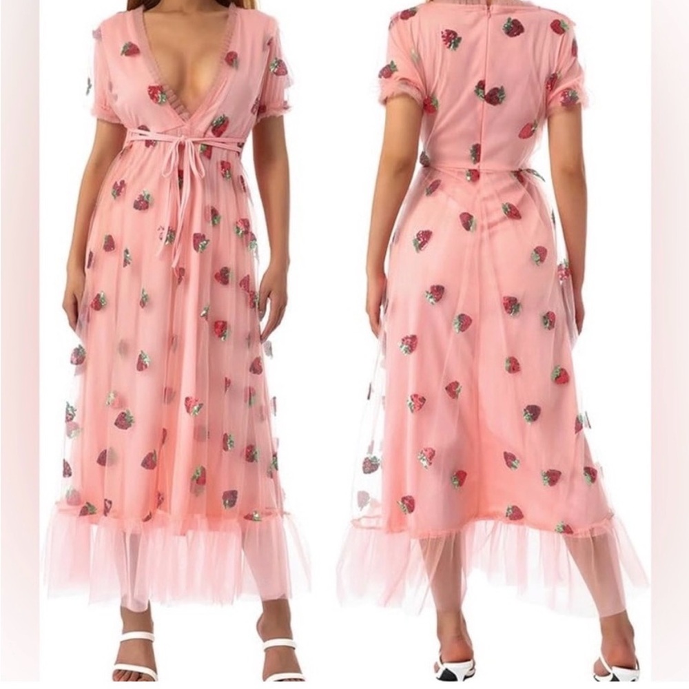 Pink Tulle Dress with Strawberry Sequins